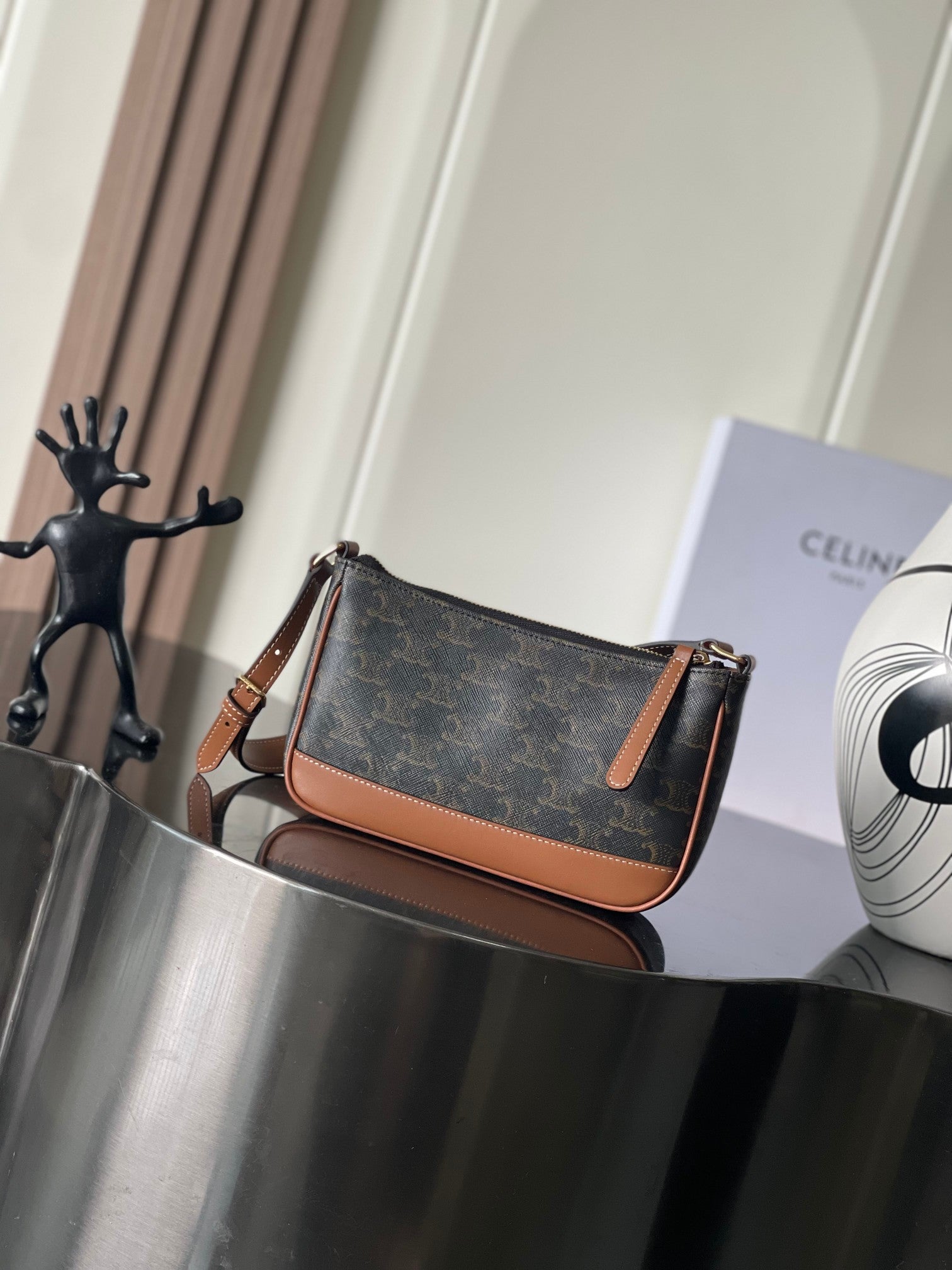 Celine Shoulder Bag In Triomphe Canvas And Calfskin